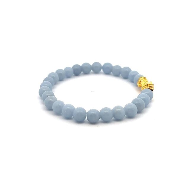 18K Gold Piyao Pixiu Dragon Lucky Charm Bracelet Gemstones Angelite 6mm - Picture 4 of 5